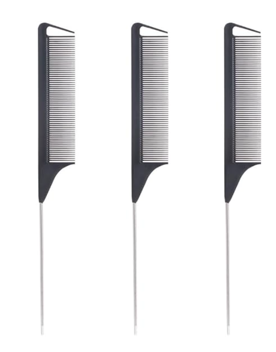 Hair Tail Combs Pin Parting Comb, Carbon Fibre Metal-Pin Rat Tail Comb Hair Styling Tool For Hair Salon Braiding